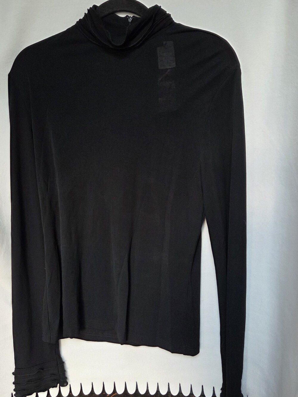 Simon Chang Size Large Sheer Black Long Sleeve Shirt With Ruffle Neck And Cuff